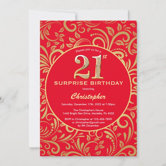 Invitation Surprise 21e anniversaire Floral rouge et or (Devant)
