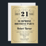Invitation Surprise 21e anniversaire - Gold Black<br><div class="desc">Invitation à la fête du 21e anniversaire Surprise. Design rétro élégant en or et noir. Comprend une police de typographie élégante et un faux papier or. Salut à 21 ans ! Peut être customisé à n'importe quel âge. Parfait pour une célébration anniversaire surprise adulte classe.</div>