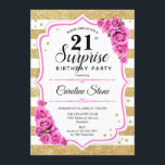 Invitation Surprise 21e anniversaire - Gold White Pink<br><div class="desc">Invitation surprise 21e anniversaire. Design blanc féminin,  rose avec parties scintillant d'or. Comprend des rayures,  des roses rose pâle,  des caractères de script et des confettis. Parfait pour une soirée d'anniversaire élégante. Peut être personnalisé pour montrer n'importe quel âge. Message-moi si vous avez besoin d'une personnalisation plus poussée.</div>