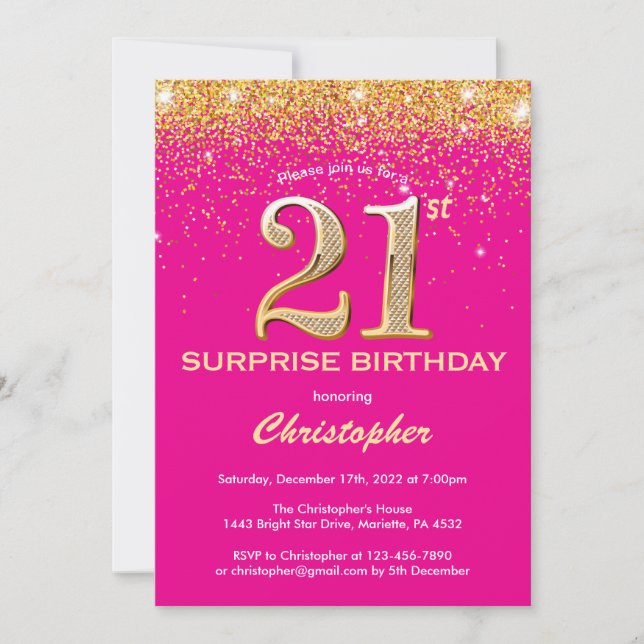 Invitation Surprise 21e anniversaire Hot Pink and Gold Partie (Devant)