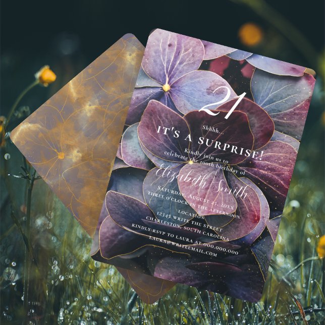 Invitation Surprise 21e anniversaire Hydrangea Or Violet Bleu (Créateur téléchargé)
