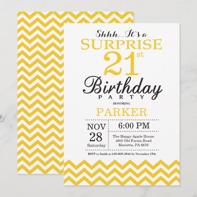 Invitation surprise 21e anniversaire Jaune Chevron (Devant / Derrière)