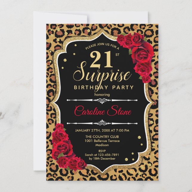 Invitation Surprise 21e anniversaire - Leopard Black Gold Red (Devant)