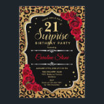 Invitation Surprise 21e anniversaire - Leopard Black Gold Red<br><div class="desc">Invitation surprise 21e anniversaire. Dessin noir féminin,  rouge avec parties scintillant en or. Caractéristiques animal léopard cheetah motif,  roses rouges,  police de caractères et confetti. Parfait pour une soirée d'anniversaire élégante. Peut être personnalisé pour montrer n'importe quel âge. Message-moi si vous avez besoin d'une personnalisation plus poussée.</div>