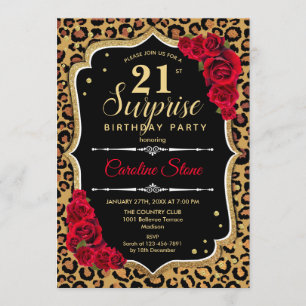 Invitation Surprise 21e anniversaire - Leopard Black Gold Red
