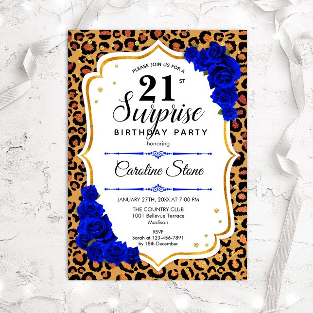 Invitation Surprise 21e anniversaire - Leopard Gold Royal Blu (Créateur téléchargé)