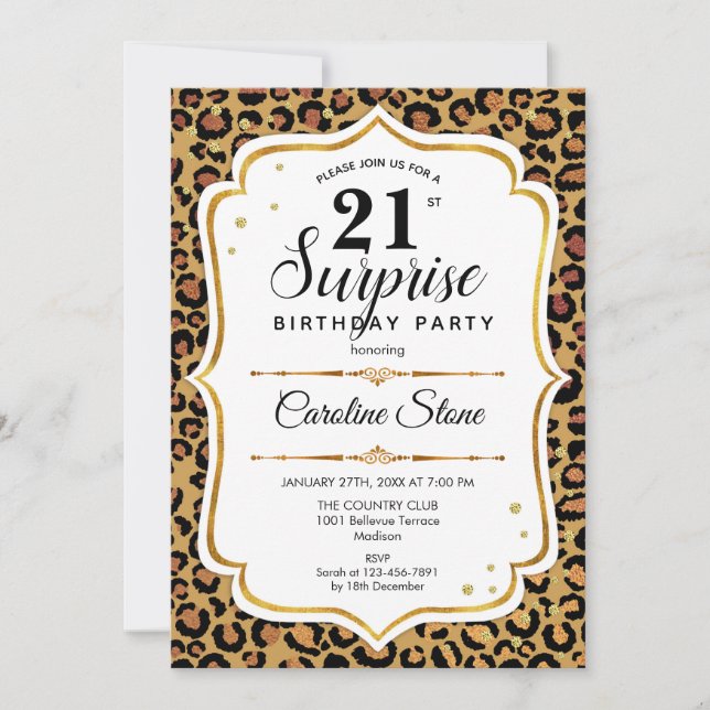 Invitation Surprise 21e anniversaire - Leopard Gold White (Devant)