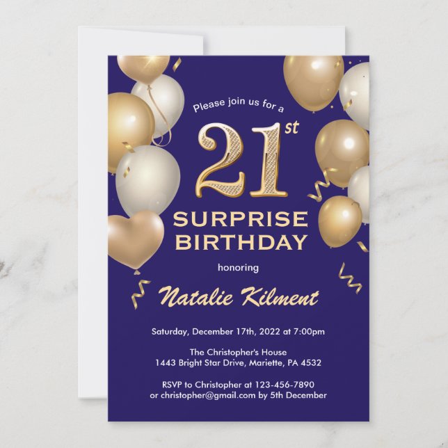Invitation Surprise 21e anniversaire Marine Bleu et Ballons d (Devant)