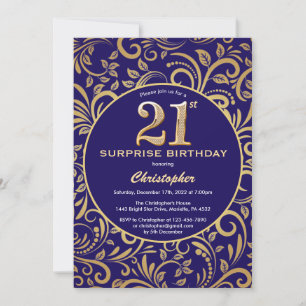 Invitation Surprise 21e anniversaire Marine bleu et or floral