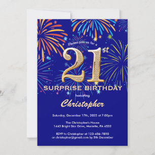 Invitation Surprise 21e anniversaire Marine Blue & Gold Firew