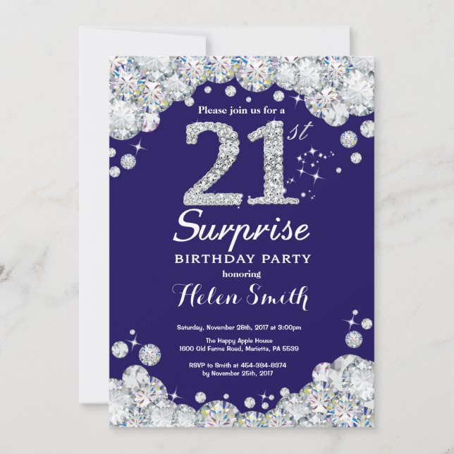 Invitation Surprise 21e anniversaire Marine Blue Silver Diamo (Devant)
