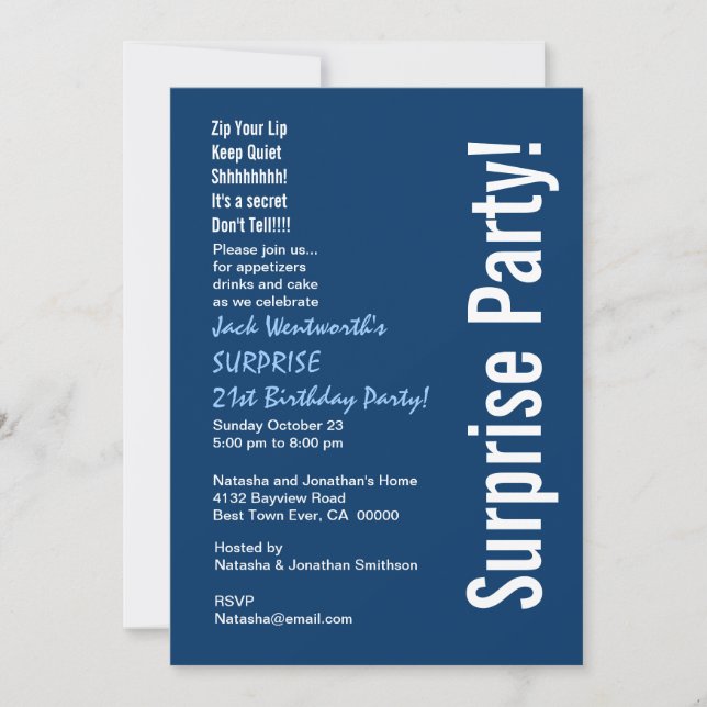 Invitation SURPRISE 21e anniversaire Marine moderne bleu blan (Devant)