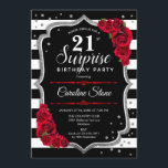 Invitation Surprise 21e anniversaire - Noir Blanc Rouge<br><div class="desc">Invitation surprise 21e anniversaire. Feminine noir,  blanc,  rouge design avec fausse parties scintillant argent. Caractéristiques noir et blanc rayures,  roses rouges,  police de script et confetti. Parfait pour une soirée d'anniversaire élégante. Peut être personnalisé pour montrer n'importe quel âge. Message-moi si vous avez besoin d'une personnalisation plus poussée.</div>