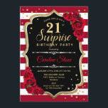 Invitation Surprise 21e anniversaire - Noir Blanc Rouge<br><div class="desc">Invitation surprise 21e anniversaire. Dessin féminin noir, blanc, rouge avec fausse parties scintillant or. Comprend des rayures bordeaux et blanches, des roses rouges, des caractères de script et des confettis. Parfait pour une soirée d'anniversaire élégante. Peut être personnalisé pour montrer n'importe quel âge. Message-moi si vous avez besoin d'une personnalisation...</div>