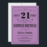 Invitation Surprise 21e anniversaire Noir et pourpre<br><div class="desc">Surprise 21e anniversaire Invitation Typographie noir et violet. Arrière - plan violet Lavande Lavande Noire et Violet. Anniversaire adulte. Hommes ou Femmes Anniversaire. Enfants Garçon ou fille Ado Anniversaire adolescent Invitation . 13ème 15ème 16ème 18ème 20ème 21ème 30ème 40ème 50ème 60ème 70ème 80ème 90ème 100ème. N'Importe Quel Âge. Pour plus...</div>
