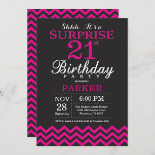 Invitation Surprise 21e anniversaire Noir et rose chaud