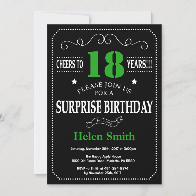 Invitation Surprise 21e anniversaire Noir et Vert Chalkboard (Devant)