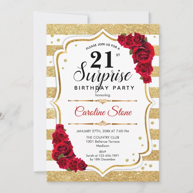 Invitation Surprise 21e Anniversaire - Or Blanc Rouge (Devant)