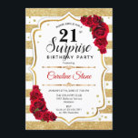 Invitation Surprise 21e Anniversaire - Or Blanc Rouge<br><div class="desc">Invitation Surprise pour 21e Anniversaire.
Design féminin blanc,  rouge avec faux strass or. Caractéristiques rayures,  roses rouges,  police de caractères script et confettis. Parfait pour une fête d'anniversaire élégante. Peut être personnalisé pour afficher n'importe quel âge. Envoyez-moi un message si vous avez besoin d'une personnalisation supplémentaire.</div>