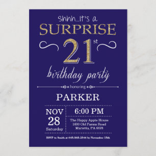 Invitation Surprise 21e anniversaire Parties scintillant bleu