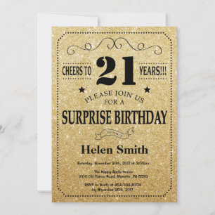 Invitation Surprise 21e anniversaire Parties scintillant noir