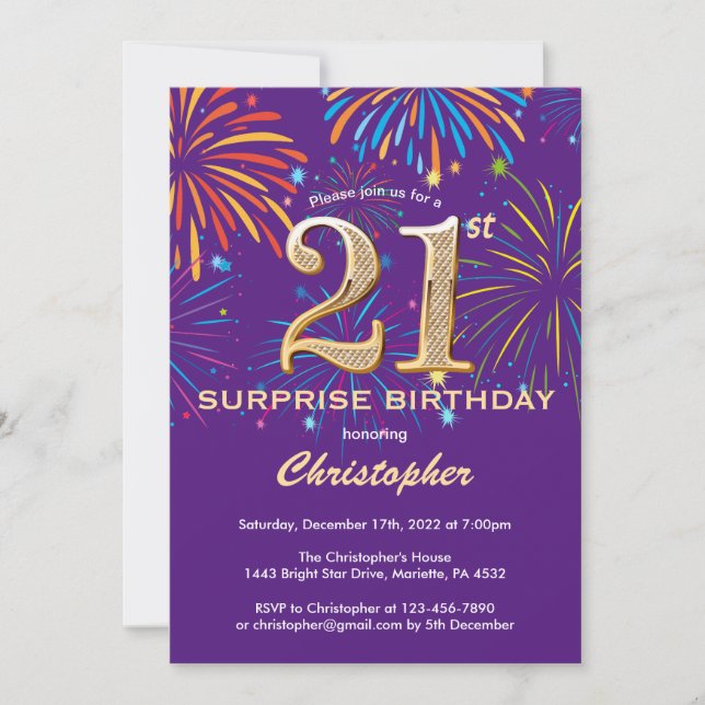 Invitation Surprise 21e anniversaire Purple and Gold Firework (Devant)