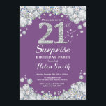 Invitation Surprise 21e anniversaire Purple et Silver Diamond<br><div class="desc">Invitation surprise 21e anniversaire. Arrière - plan rouge diamant en rostre violet et argenté. Élégant invitation de Bassorh Anniversaire. Anniversaire adulte. Femmes Anniversaire. Hommes Anniversaire. Pour plus de personnalisation,  cliquez sur le bouton "Customiser" et utilisez notre outil de conception pour modifier ce modèle.</div>