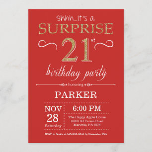 Invitation surprise 21e anniversaire Red and Gold