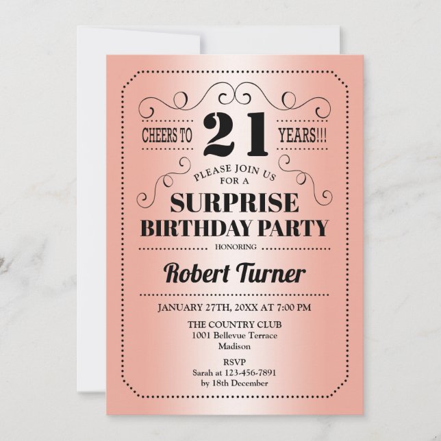 Invitation Surprise 21e anniversaire - Rose Gold Black (Devant)
