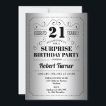 Invitation Surprise 21e anniversaire - Silver Black<br><div class="desc">Invitation à la fête du 21e anniversaire Surprise. Design rétro élégant en argent et noir. Comprend une police de typographie élégante et un faux papier argenté. Salut à 21 ans ! Peut être customisé à n'importe quel âge. Parfait pour une célébration anniversaire surprise adulte classe.</div>
