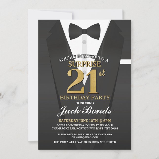 Invitation Surprise 21e Anniversaire Spy Suit Black Gold Tuxe (Devant)