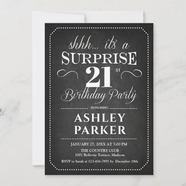 Invitation Surprise 21e anniversaire - tableau noir blanc (Devant)
