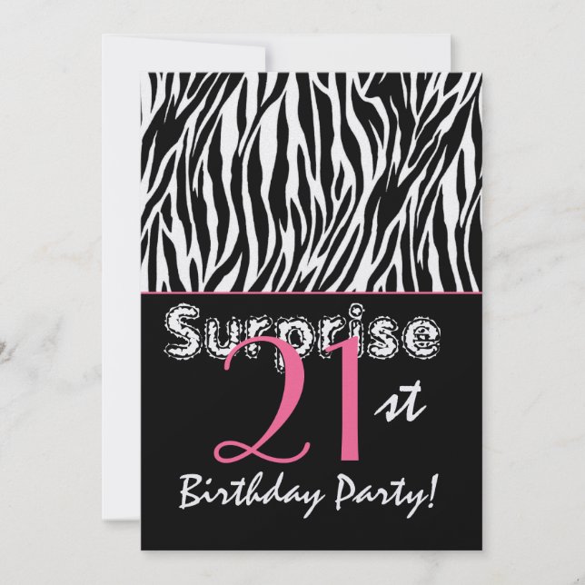 Invitation SURPRISE 21e anniversaire Zebra Stripes noir blanc (Devant)