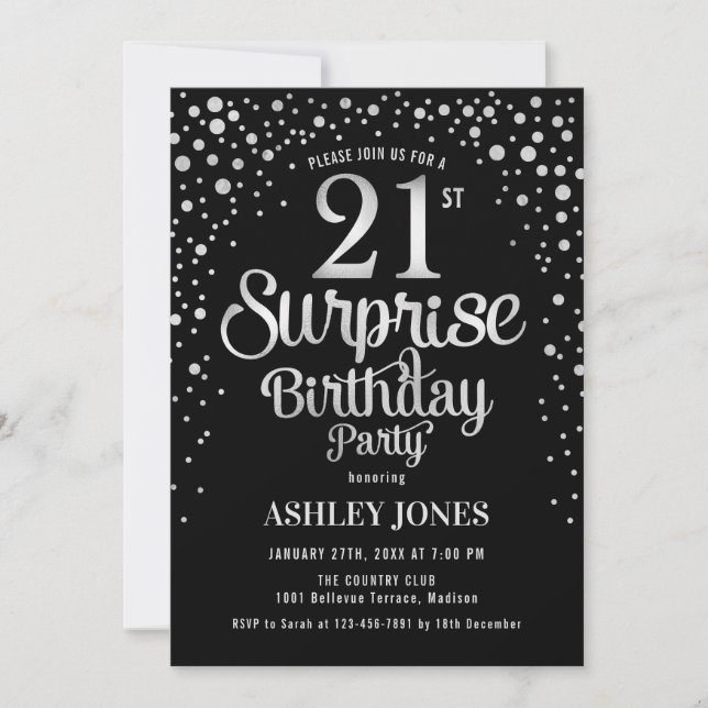Invitation Surprise 21e fête d'anniversaire - Argent et Noir (Devant)