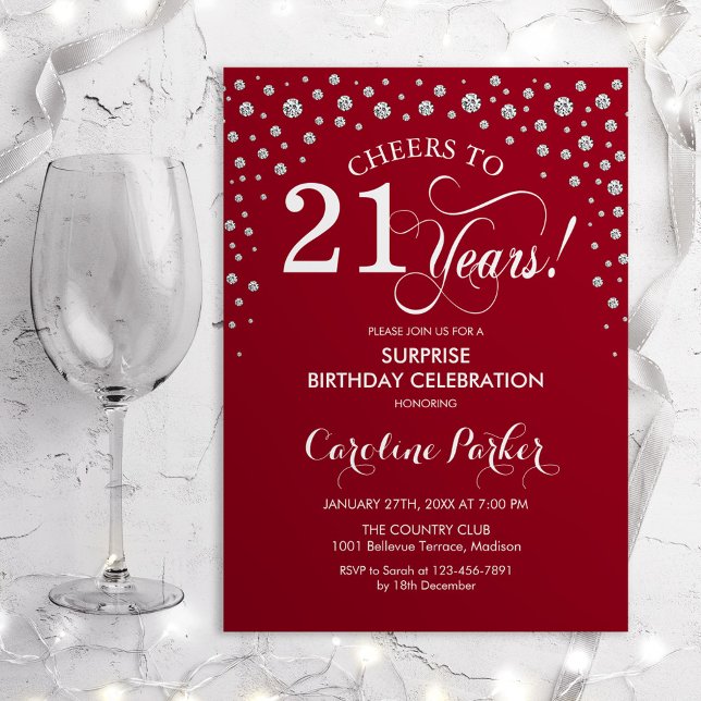 Invitation Surprise 21e fête d'anniversaire - Argent rouge (Créateur téléchargé)