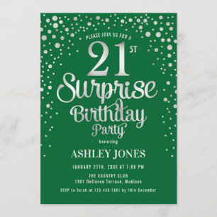Invitation Surprise 21e fête d'anniversaire - Argent & Vert