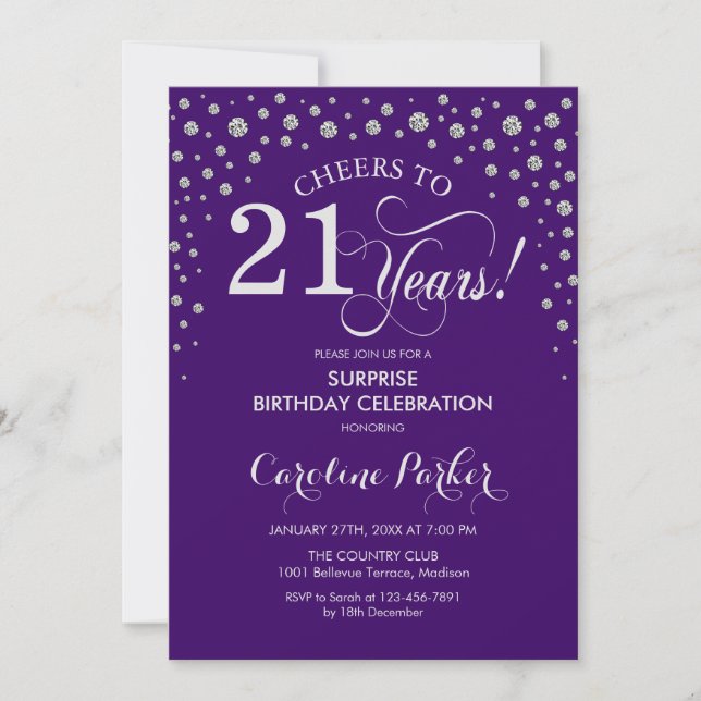 Invitation Surprise 21e fête d'anniversaire - Argent violet (Devant)