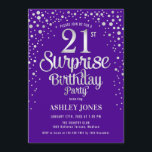 Invitation Surprise 21e fête d'anniversaire - Argent & Violet<br><div class="desc">Invitation à la fête du 21e anniversaire Surprise. Design élégant en violet royal et argent faux parties scintillant. Comprend des polices de caractères et des confettis stylisés. Message-moi si vous avez besoin d'âge personnalisé.</div>