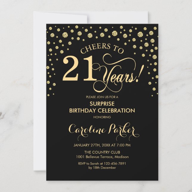 Invitation Surprise 21e fête d'anniversaire - Gold Black (Devant)