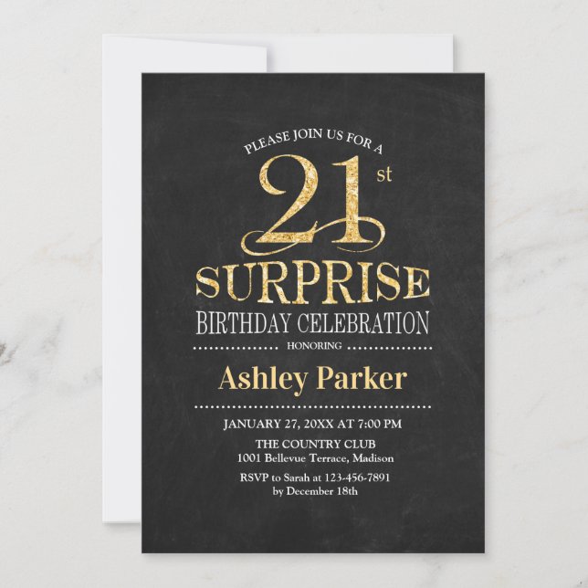 Invitation Surprise 21e fête d'anniversaire - Gold Black (Devant)