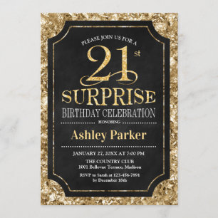 Invitation Surprise 21e fête d'anniversaire - Gold Black