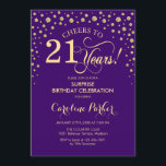 Invitation Surprise 21e fête d'anniversaire - Purple Gold<br><div class="desc">Invitation à la fête du 21e anniversaire Surprise. Design élégant en or violet royal et faux parties scintillant. Fonctionne la police de script et les confettis de diamants. Salutations à 21 ans ! Message-moi si vous avez besoin d'une personnalisation plus poussée.</div>