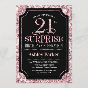 Invitation Surprise 21e fête d'anniversaire - Rose Gold Black