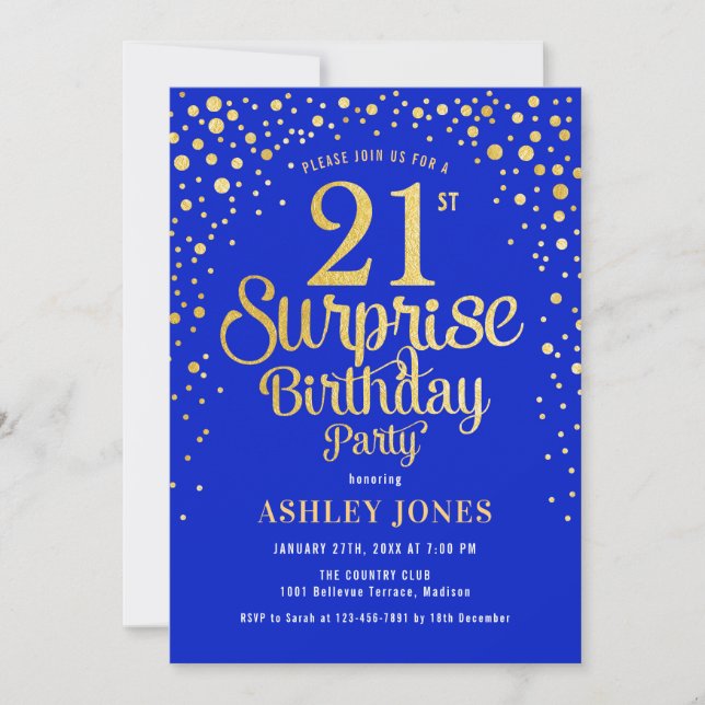 Invitation Surprise 21e fête d'anniversaire - Royal Blue & Go (Devant)
