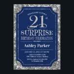 Invitation Surprise 21e fête d'anniversaire - Silver Navy Blu<br><div class="desc">Invitation à la fête du 21e anniversaire Surprise. Design élégant et élégant en bleu marine et faux parties scintillant motif d'argent. Comprend une police de script élégante. Message-moi si vous avez besoin d'une personnalisation plus poussée.</div>