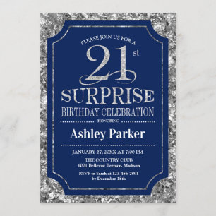 Invitation Surprise 21e fête d'anniversaire - Silver Navy Blu
