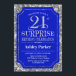 Invitation Surprise 21e fête d'anniversaire - Silver Royal Bl<br><div class="desc">Invitation à la fête du 21e anniversaire Surprise. Elégant design classe en bleu royal et faux motif argent parties scintillant. Comprend une police de script élégante. Message-moi si vous avez besoin d'une personnalisation plus poussée.</div>