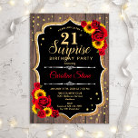 Invitation Surprise 21st Birthday - Rustic Wood Sunflowers<br><div class="desc">Surprise 21st Birthday Invitation.
Feminine rustic black,  white,  red design with faux glitter gold. Features wood pattern,  red roses,  sunflowers,  script font and confetti. Perfect for an elegant birthday party. Can be personalized to show any age. Message me if you need further customization.</div>