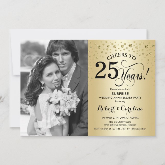 Invitation Surprise 25e anniversaire avec Photo Gold Black (Devant)