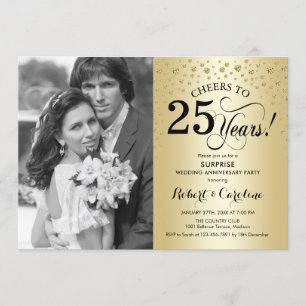 Invitation Surprise 25e anniversaire avec photo or noir
